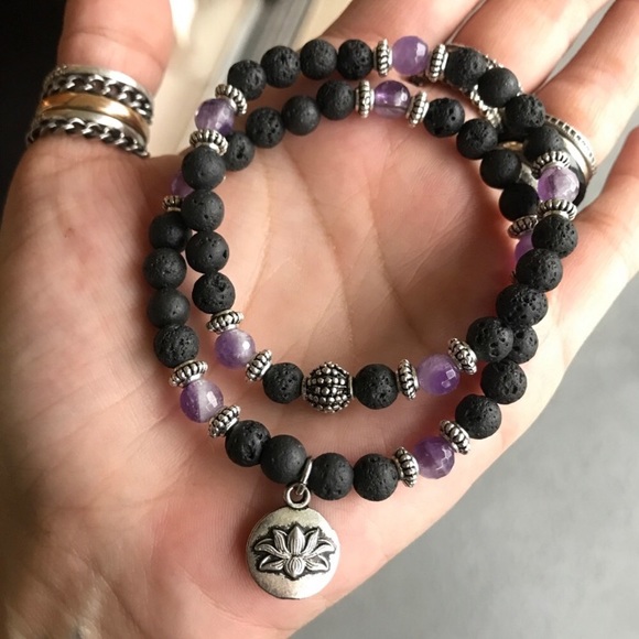 Amethyst lotus bracelet .Lava rock beads & amethyst gemstones lotus flower charm - Picture 6 of 9